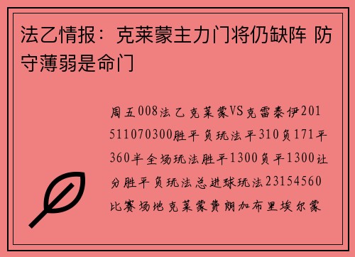 法乙情报：克莱蒙主力门将仍缺阵 防守薄弱是命门