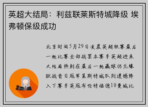 英超大结局：利兹联莱斯特城降级 埃弗顿保级成功